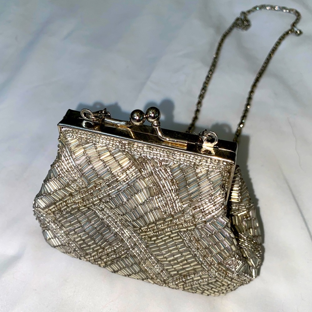 Vintage Cache Silver Beaded Coin Purse with Strap